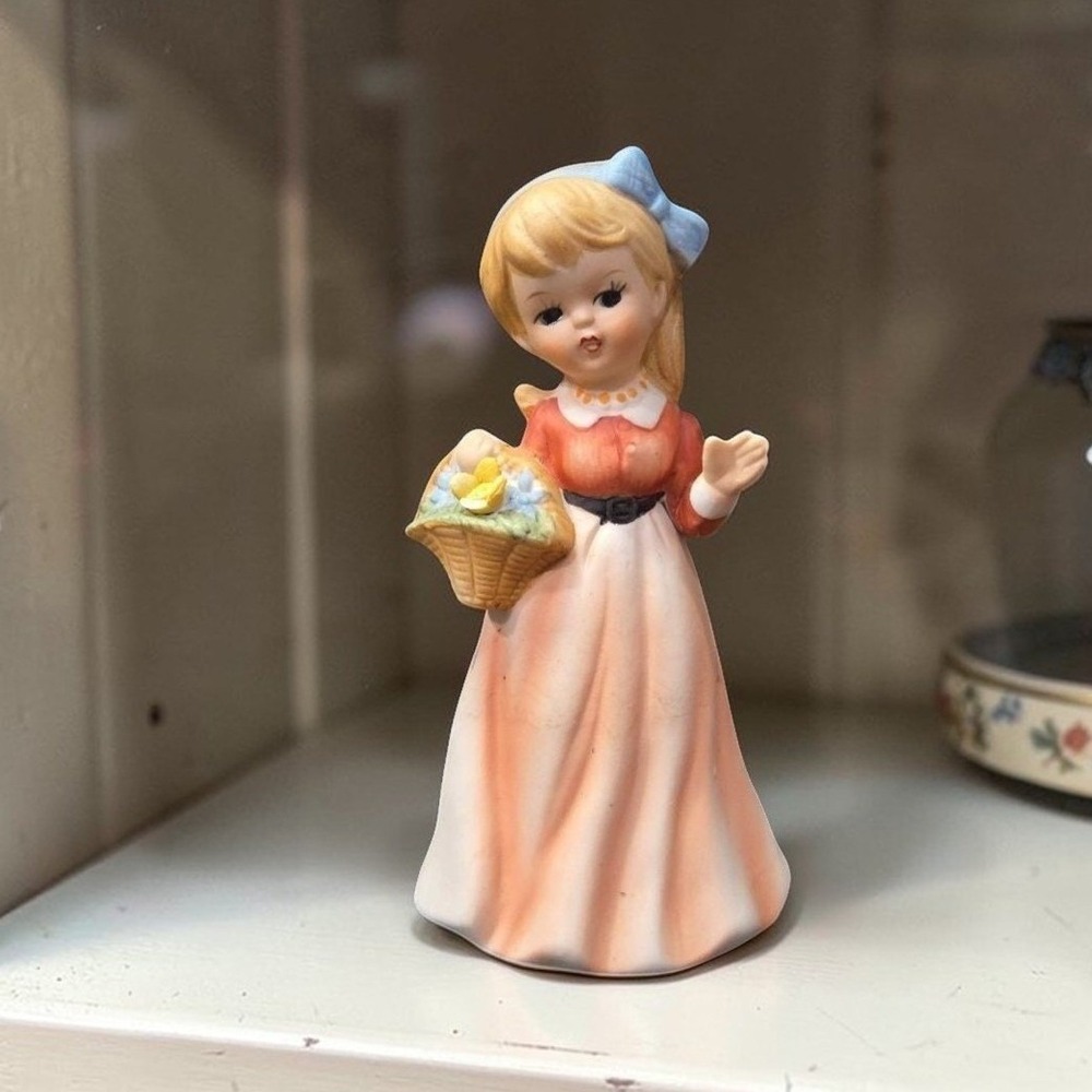 Girl With Pink Dress Porcelain Figurine, Basket And Blue‎ Bow Design 5.5" Statue